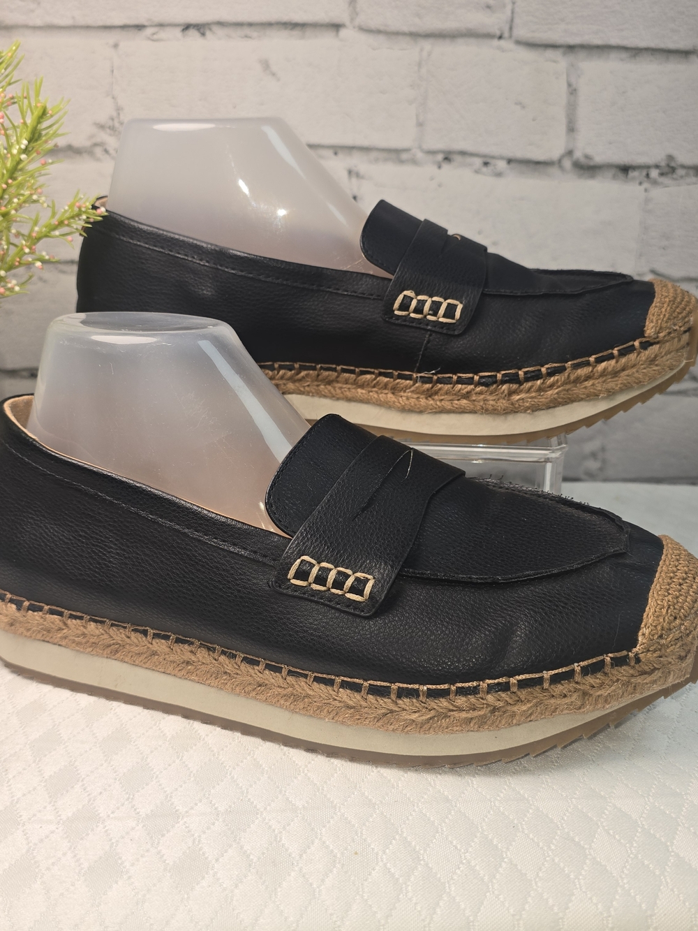 Yellow Box Black Leather Espadrille Loafers with Gold Accent